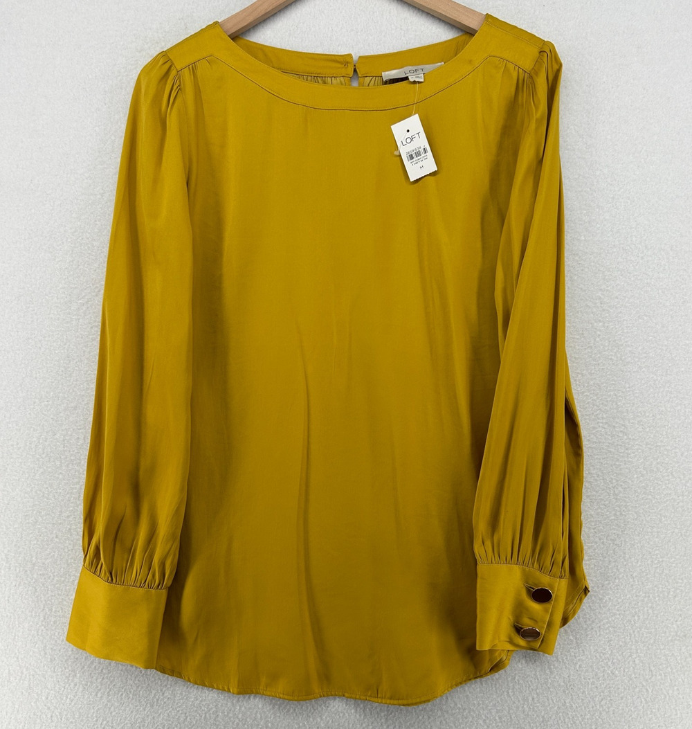 LOFT Top M Boat Neck Puff Sleeve Blouse Button Cuff Back Keyhole Yellow NEW